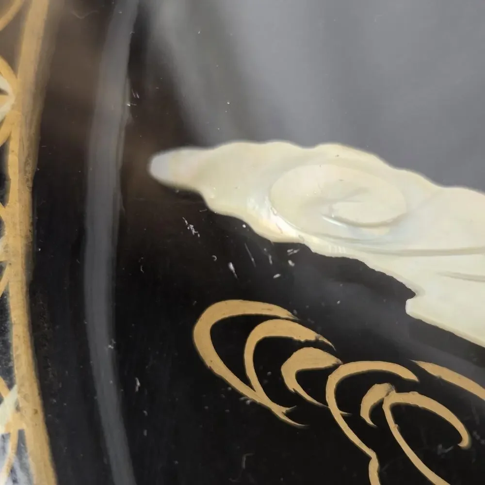 Vintage Asian Mother of Pearl Bird Lacquer Wall Clock 12” Japanese Crane Black